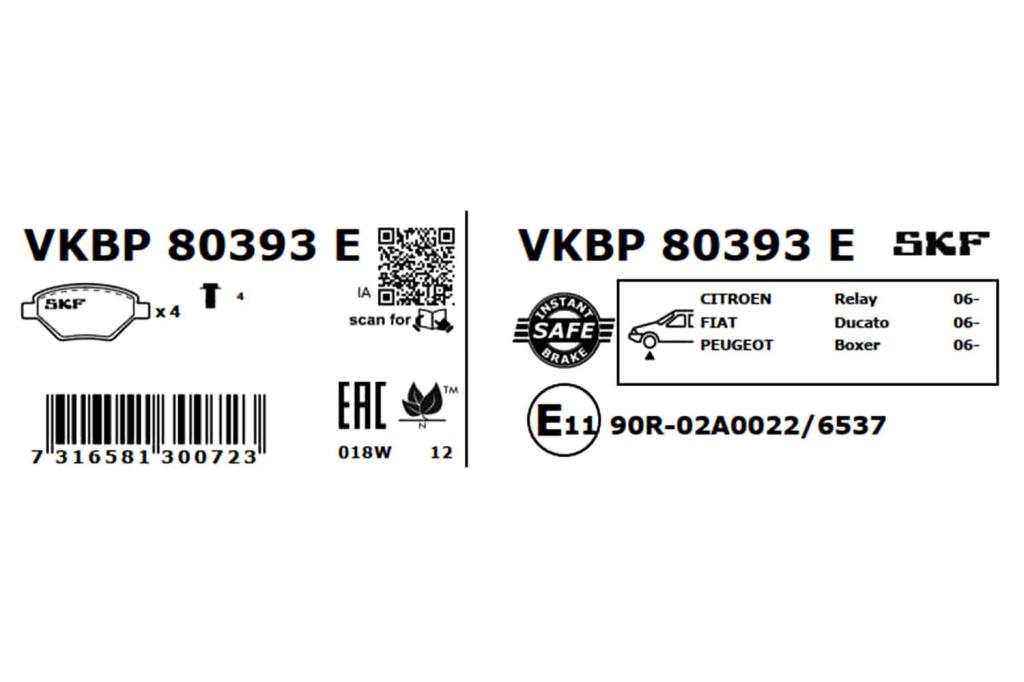 Jeu de 4 plaquettes de frein SKF ref. VKBP 80393 E